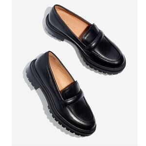Madewell Black Leather Bradley Lug Sole Chunky Loafer • Academia • Size 6